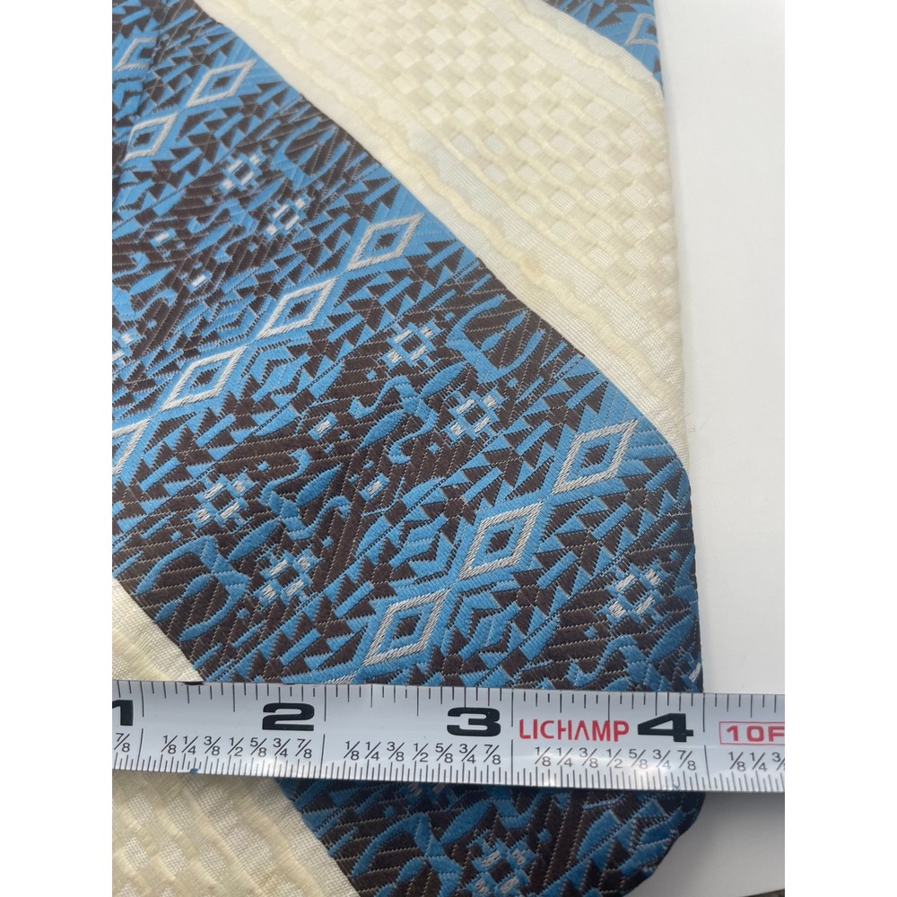 Vintage Cervantes Blue Brown Geometric Tribal Wide Necktie Retro 70s Polyester